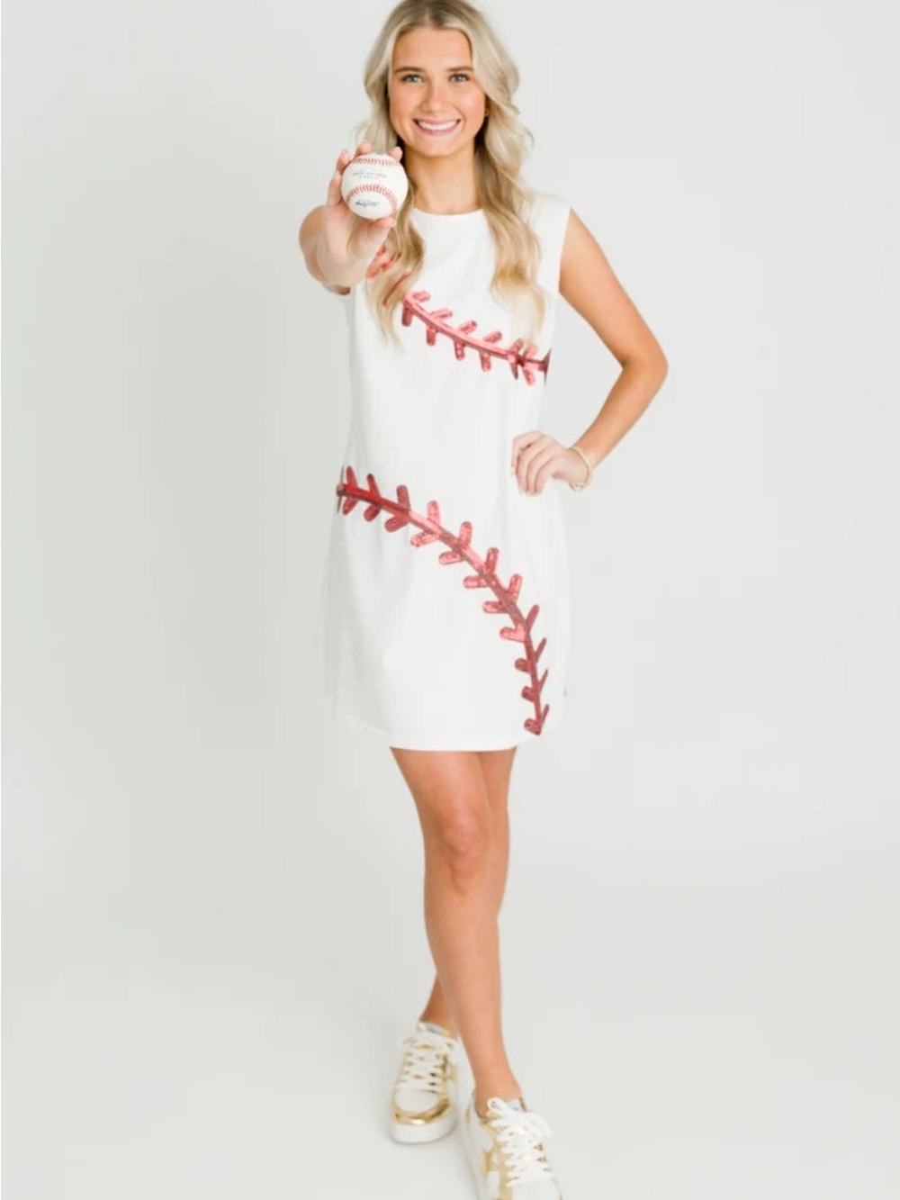 NWT, White Sleeveless Knee Length Dress w/Red Stitch Sequin Detail (front&back)